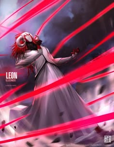 a woman with red hair is standing in front of an abstract background and text that reads leon