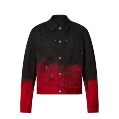 LOUIS VUITTON® - Embroidered Denim Blouson - Red Black Tweed Skirt, Louis Vuitton Jacket, Denim Street Style, Louis Vuitton Official, Embroidered Denim, Cotton Logo, Short Shirts, Mens Denim, Louis Vuitton Monogram