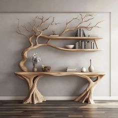 a wooden shelf with books and vases on it next to a tree trunk table