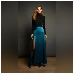 Nonchalant Label Satin Teal Blue Kennedy Maxi Skirt Teal Size Xs And Med Nwt $492.00 As Seen On Me In Nyc (My Skirt) This Listing Is A Stocked Piece Nwt Stretchy Waistband 100% Polyester Made In Usa Dry Clean Only Unlined Elastic Waistband Thigh High Side Slant Sateen Fabric Pullover Tags: Designer Runway Sexy Vacation Resort Cruise Solid Minimalist Elegant Chic Sophisticated Evening Cocktail Statement Unique Flattering Revolve Shopbop Intermix Farfetch Summer Spring High End Celebrity Summer As Dressing Small, Maxi Satin Skirt, Teal Skirt, Elegant Minimalism, Satin Maxi Skirt, Skirt Trends, Fashion Buyer, Long Maxi Skirts, Evening Cocktail