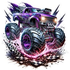 the monster truck is painted in purple and black with lightning streaks on it's tires