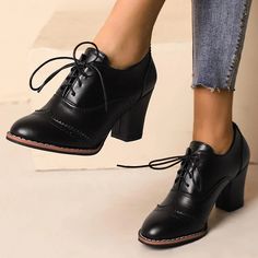 Step back in time with these Black Vintage Oxford Heels. Featuring a lace-up design and wingtip detailing, these women's shoes combine classic style with modern comfort. Color: Black Heel Type: Chunky heel Heel height: 3.15" / 80 mm approx Product measurements were taken using size 8. Please note that measurements may vary by size. Toe: Closed toe Handcrafted US sizing. Fits true to size. Wingtip Shoes Women, Color Block Heels, Black Leather Oxfords, Wingtip Shoes, Chunky Heel Ankle Boots, Chunky Heel Shoes, Oxford Heels, Black Loafers, Pump Dress