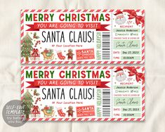 two red and green christmas tickets with santa clause on them