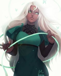 a woman with long white hair and green eyes is holding a light saber in her hands