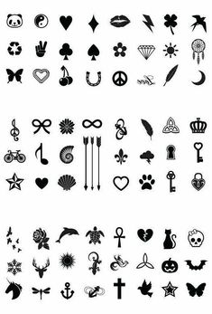 an assortment of different tattoos and designs on a white background, including symbols such as hearts, arrows, cross, heart, arrow, skull, bird, devil, moon,