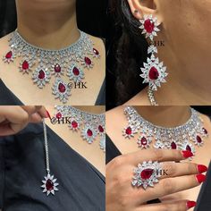 Ruby Red Rhodium Clear CZ Necklace With Earrings and Tikka And Ring American Diamond CZ Necklace Choker Necklace Cubic Zirconia Necklace Experience the timeless elegance of our handcrafted Uncut Polki Choker Necklace. This exquisite piece is perfect for brides who desire a touch of traditional sophistication. Featuring authentic, uncut polki stones set in a stunning Rajasthani design, this necklace embodies the craftsmanship of skilled artisans. Each stone is carefully selected to ensure the highest quality, reflecting the light beautifully to make you the center of attention on your special day. The intricate kundan work around the polki stones adds a vintage charm, making it not just a piece of jewelry but a piece of art that compliments any bridal attire. Perfect for weddings, engagemen Rajasthani Design, Polki Choker, American Diamond Necklaces, Diamond Choker Necklace, Traditional Indian Jewellery, Zirconia Necklace, Diamond Necklace Set, Diamond Choker, Cubic Zirconia Necklace