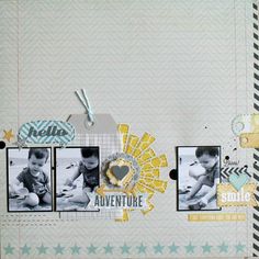 a scrapbook page with an image of a baby's face and the words adventure written on it