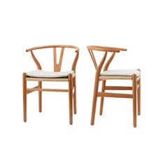 two wooden chairs sitting next to each other