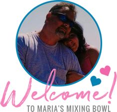 a man and woman posing for a photo with the words welcome to maria's mixing bowl