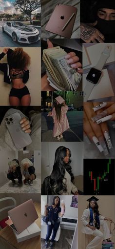 the collage shows many different images with women and their cell phones, including an apple phone