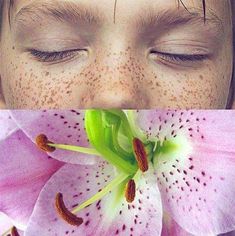 a child with freckles on his face and pink flowers in the foreground