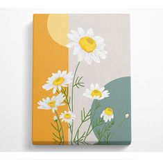 a canvas with daisies painted on it in yellow, white and green colors against a grey background