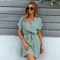 Polka Dot Retro High Waist Casual Loose Single Breasted Slim Shirt Casual Dress Polka Dot Shirt Dress, Vintage Polka Dot Dress, Shirt Dress Summer, Luxury Wear, Polka Dress, Short Sleeve Mini Dress, Mini Dress Casual, Kimono Dress, Womens Clothing Stores