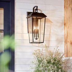 an outdoor light hanging from the side of a house next to a potted plant