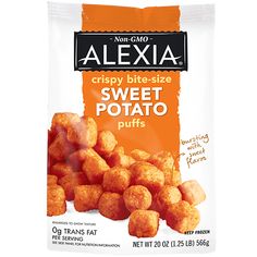 an orange bag of sweet potato puffs on a white background with the words, alexia crispy bites - size sweet potato puffs