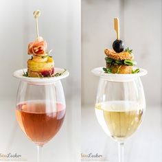 two wine glasses filled with different types of food on top of each other and one has a sandwich in the middle