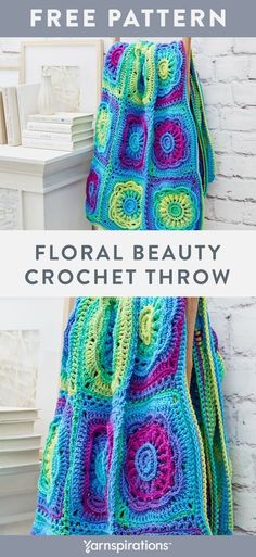 a crocheted blanket hanging on a clothes line with the text, floral beauty throw free crochet pattern