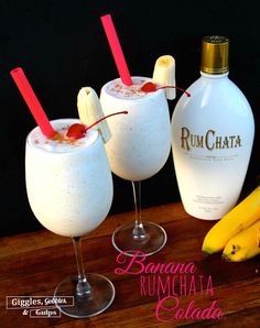 rumchata cocktails with banana and rumchata collada garnishes