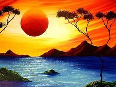 a painting of the sun setting over water with trees and mountains in the background,