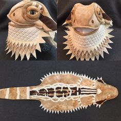 three different views of an animal's teeth and mouth made out of paper machs