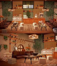 two pictures of a living room with couches and chairs