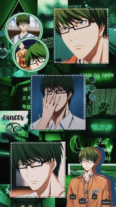 an anime character with green hair and glasses in front of the camera, surrounded by other characters