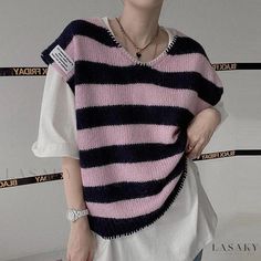 Lasaky - Classic Round Collar Knitted Vest with Letter Printed Striped Pattern and Contrast Trimming Casual Pink Knitting Pattern, Knitted Sweater Vest, Striped Knitted Sweater, Basic Blouses, Knit Sweater Vest, Neckline Designs, Knitted Vest, Alphabet Print, Pullover Shirt