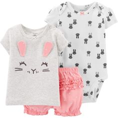 Adorable 3-Piece Set Includes A Onside, T-Shirt, And Ruffle Shorts. Soft Cotton And Perfect For Summer! Cute Pink Sets With Short Sleeves, Playful Pink Short Sleeve Sets, Pink Cotton Playwear Sets, Baby Chloe, Toddler Designer Clothes, Designer Baby Clothes, Bunny Outfit, Luxury Baby