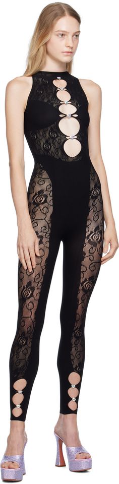 Semi-sheer stretch nylon jersey jumpsuit. Cutouts, rolled edges, and jacquard floral pattern throughout. · Round neck · Crystal-cut graphic appliqués at front · Stirrups at hem · Button fastening at back collar Wholesale exclusivity at SSENSE. Supplier color: Black floral Poster Girl, Jersey Jumpsuit, Buy Posters, Stirrups, Girl Clothing, Luxury Streetwear, Black Floral, Floral Pattern, Round Neck