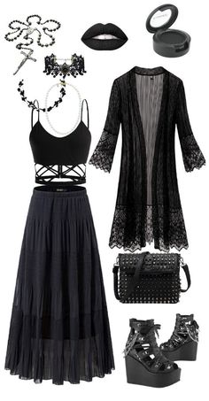 Witchy Look Outfit, Witch Goth Outfits, Gothic Hippie Outfits, Gothic Witch Outfits, Witchy Goth Outfit, Witchy Style Modern Witch, Gothic Hippie Aesthetic, Witch Aesthetic Clothes, Witchy Outfits Casual