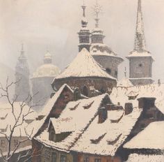 a painting of snow covered rooftops and steeples