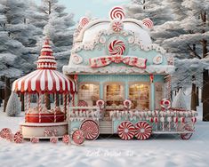 a candy shop in the middle of a snowy forest with lots of candy canes