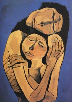 a painting of a man holding a woman's head with both hands on her chest