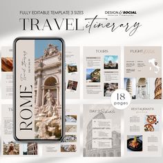 a travel brochure is shown with photos and text on the front, along with an image of a fountain