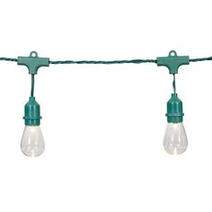 three light bulbs are hanging from a green wire