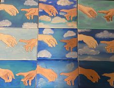 several paintings of hands reaching for each other with clouds and blue sky in the background