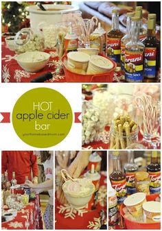 the collage shows different types of food and drinks on display in various pictures, including apples cider bar