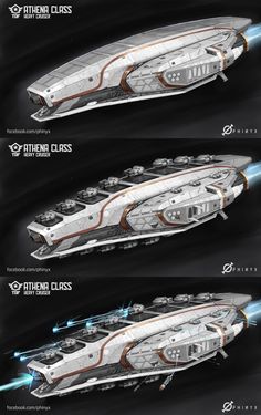 three different views of a futuristic ship