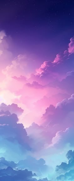 the sky is filled with pink clouds and blue stars in the night, as well as some white fluffy clouds