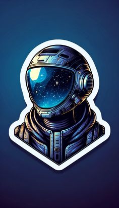 an astronaut's helmet sticker on a dark blue background with stars in the sky