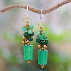 Quartz and Brass Beaded Dangle Earrings with Silver Hooks - Green Touch | NOVICA Green Faceted Bead Dangle Earrings, Green Faceted Beaded Dangle Earrings, Green Jade Jewelry With Dangling Beads, Green Aventurine Drop Earrings, Green Gemstone Bead Drop Earrings, Green Beaded Jade Earrings, Green Jade Beaded Drop Earrings, Green Jade Dangle Beaded Earrings, Green Aventurine Dangle Earrings