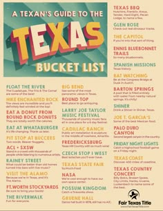 the texas bucket list is shown in this graphic style, with colorful lettering on it