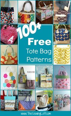 many bags with the words 100 free tote bag patterns on them and pictures of purses