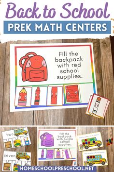 back to school prek math centers with pictures and text that says back to school