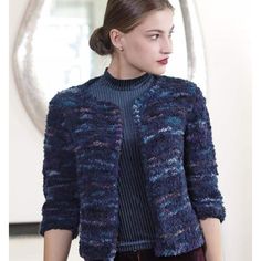 woman wearing a knitted jacket which is open att eh front Double Pointed Knitting Needles, Textured Knit Sweater, Knitting Kit, Boucle Yarn, Chanel Jacket, Super Bulky Yarn, I Cord, Knitting Kits, Bulky Yarn