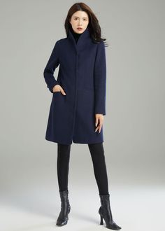 "This Women's Stand-collar Coat is a beautiful and luxurious wool coat. This coat is designed for special occasions and leisurely walks, suitable for autumn and winter. If you want to keep warm and fashion, this coat is the best choice for you.The coat fits perfectly if you choose the right size. ★★ FEATURES 50% wool, 50% fiber, nylon Polyester lining Two pockets Button closure Stand collar Long sleeve wool coat Wool jacket Perfect for winter, autumn Dry clean ★★Mode size Height 170cm (5′ 7″) Bu Formal Winter Wool Coat With Stand Collar, Formal Wool Coat With Stand Collar For Winter, Chic Pea Coat With Stand Collar For Fall, Chic Fall Pea Coat With Stand Collar, Classic Wool Coat With Stand Collar For Winter, Elegant Wool Outerwear With Stand Collar, Wool Outerwear With Stand Collar For Office, Classic Blue Outerwear With Stand Collar, Tailored Blue Wool Coat