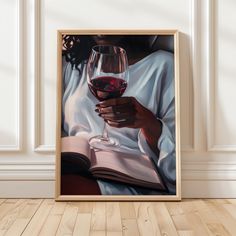 a painting of a person holding a glass of wine and an open book in front of them