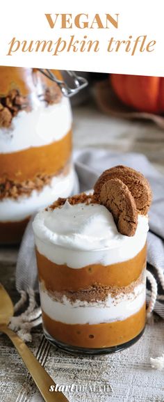 two desserts with cookies and whipped cream on top, one is pumpkin trifle