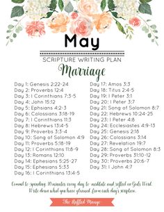 the marriage schedule for may, with flowers and leaves on it in pinks and oranges