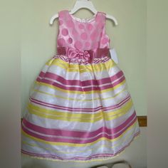 Gorgeous Toddler Party Dress Polka Dots And Stripes Pink And Yellow Combo.Only Two Available. Yellow Princess Dress For Spring Dress-up, Playful Yellow Dress For Dress-up, Fitted Yellow Dress For Dress-up, Yellow Fitted Dress For Dress-up, Cute Yellow Princess Dress For Party, Fitted Yellow Princess Dress For Summer, Cute Yellow Princess Party Dress, Cute Princess Dress For Spring Fancy Dress, Yellow Princess Dress For Dress-up